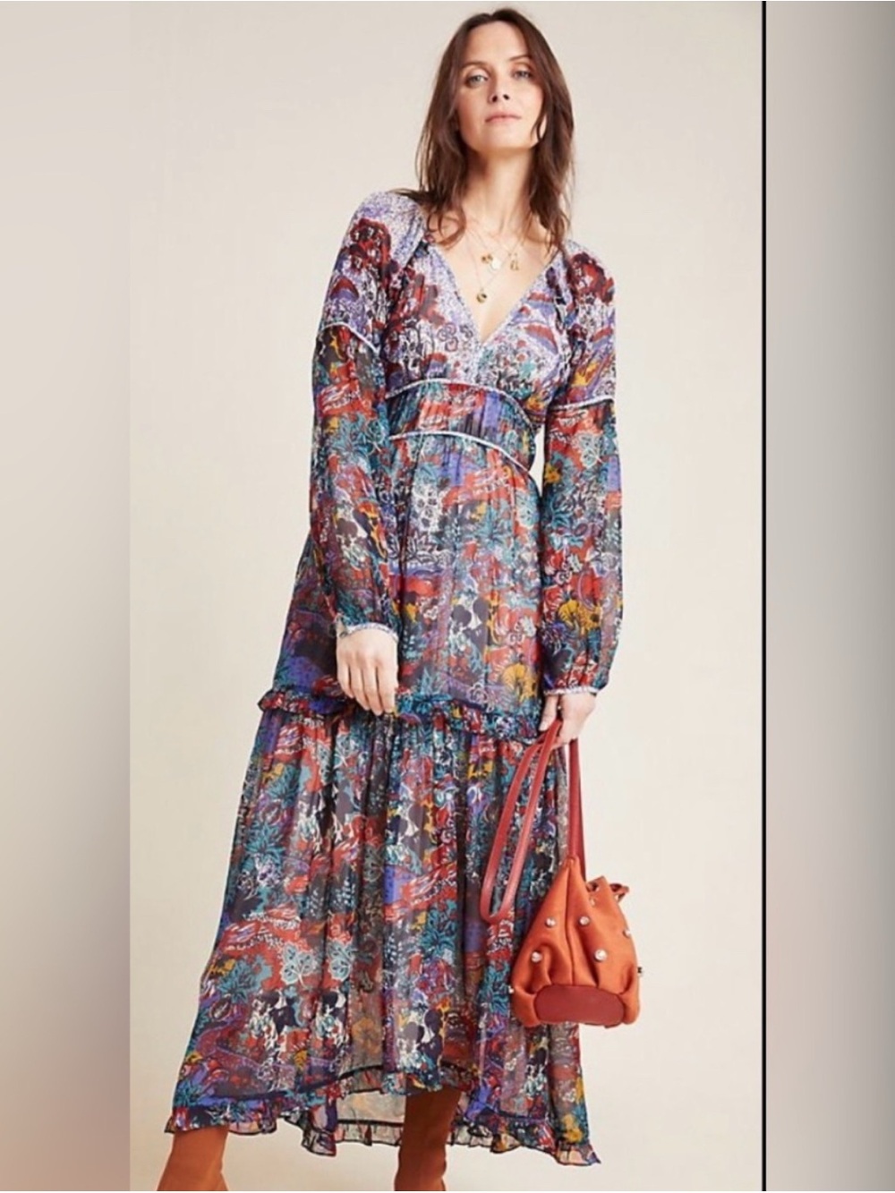 Like-New: Anthropologie Fauve Bohemian Floral V-Neck Maxi Dress in Multicolor